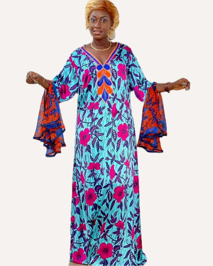Boubou wax turquoise à fleurs